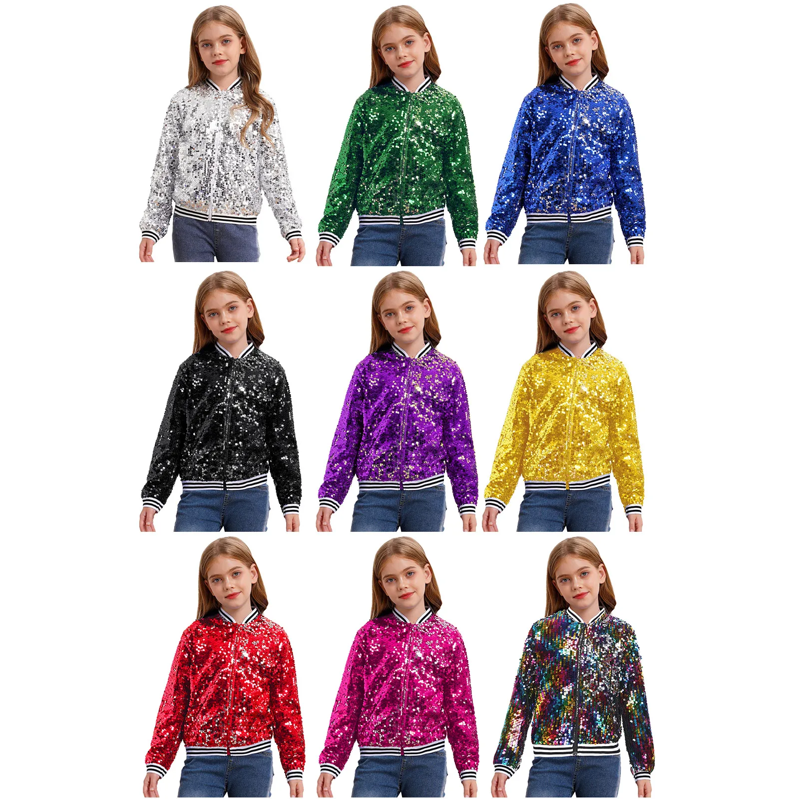 Kids Girls Shiny Sequins Jacket Baseball Coat Long Sleeve Front Zip Up Striped Trim Outerwear Jazz Modern Dancing Party Jackets