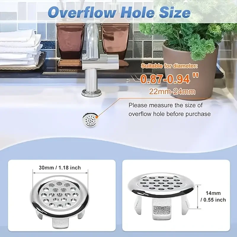 Circular overflow cover ring, insertable replacement part, circular drain cover, bathroom and kitchen sink and basin accessories