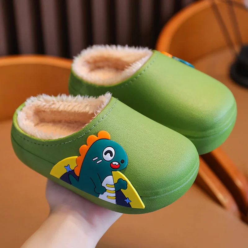 Children Slippers Cartoon Dinosaur Anti Slip Waterproof Soft Sole Winter Plush Girl Baby Cotton Slippers Kids Shoes for Girl