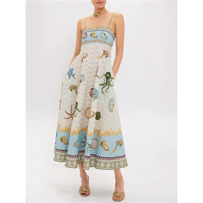 NEW-여성용 여름 보헤미안 맥시 드레스 스파게티 스트랩 플로잉 그래피티 롱 A라인 선드레스