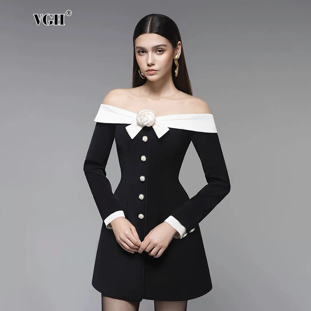 

VGH Sweet Spliced Floral Hit Color Party Dresses Slash Neck Off Shoulder Sleeve High Waist Temperament Slim Women Dress Female