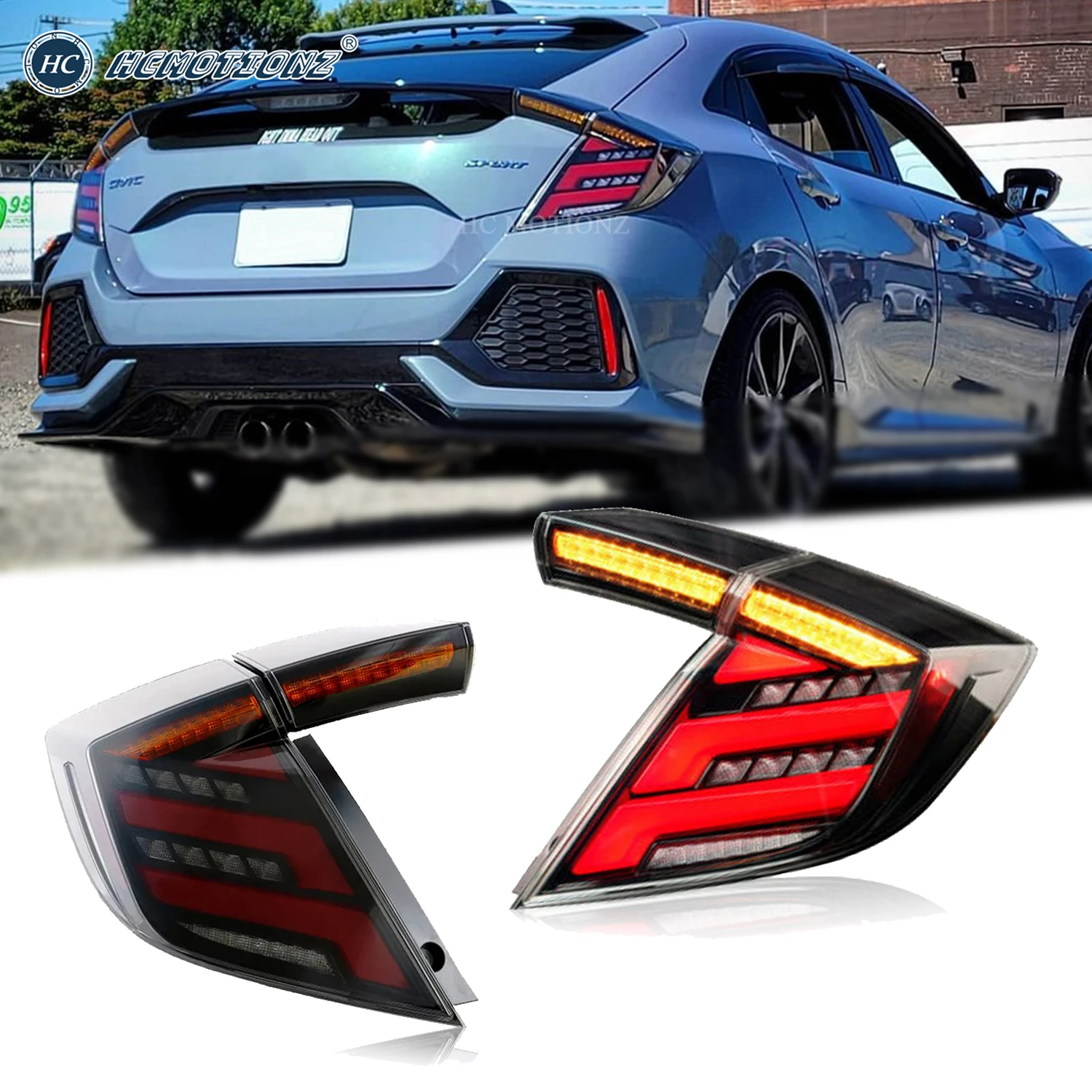 HCMOTIONZ LED Tail Lights Assembly for Honda Civic Hatchback 2017 2018 2019 2020 V2 FK7 FK8 Car Back Lamps DRL Rear Lights