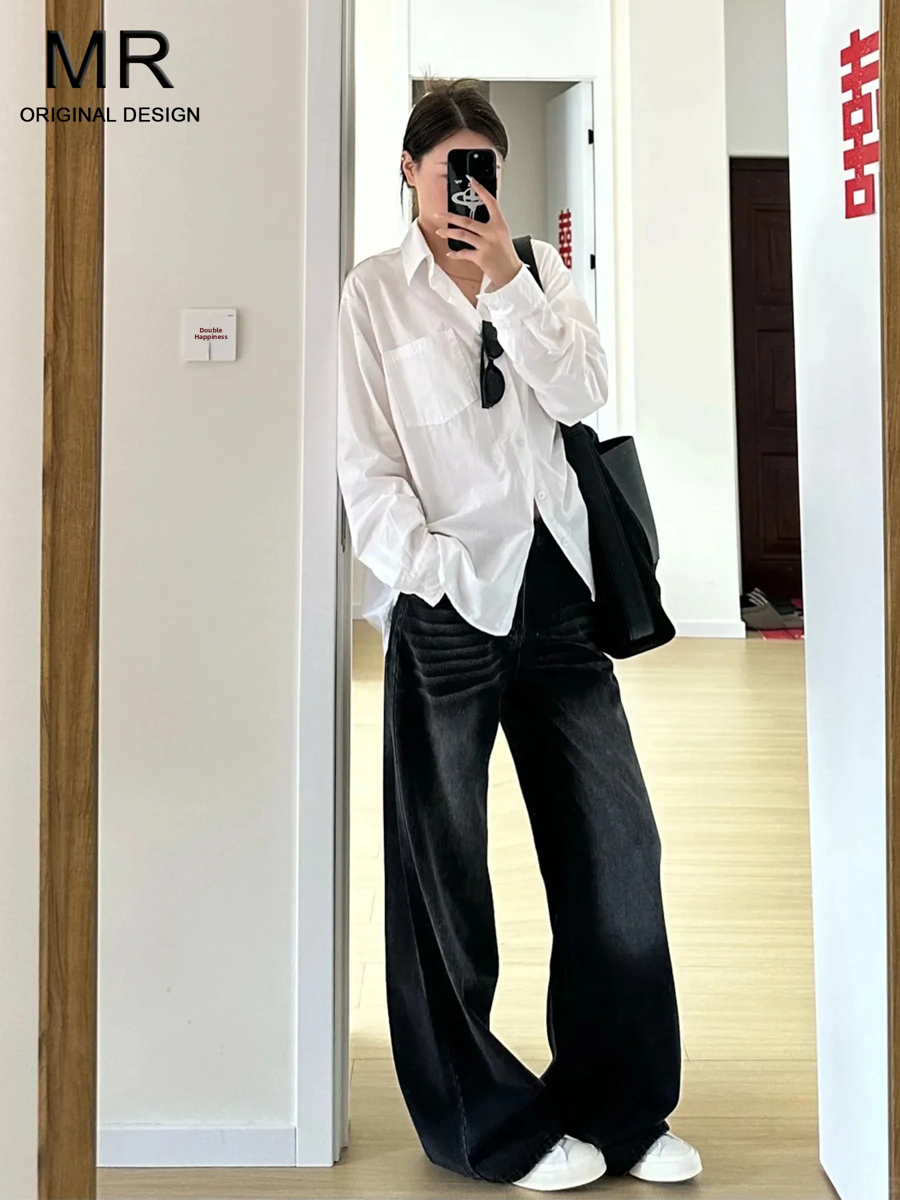 

Американские джинсы с высокой талией и широкими штанинами, женские, черно-серые, летние, стройнящие, длинные брюки в пол, модный дизайн