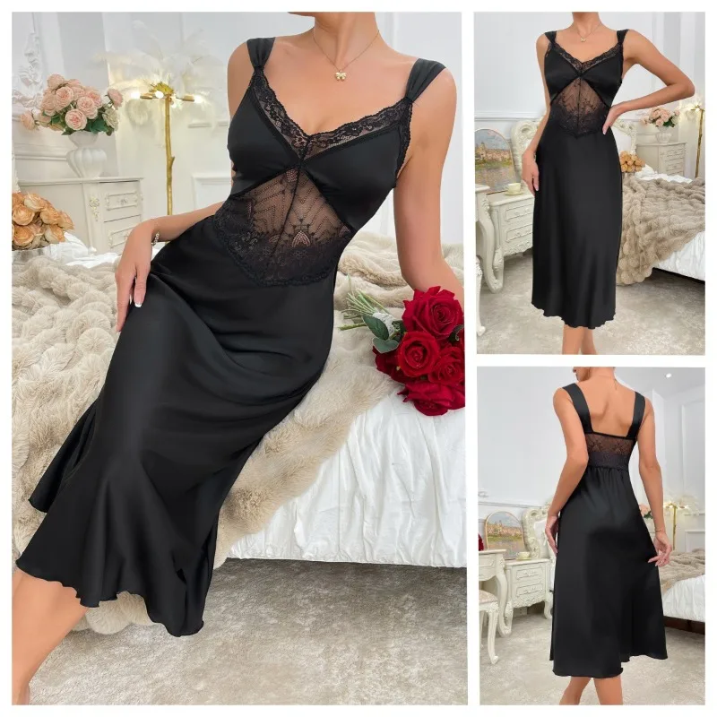 

High End European American Sexy Satin Suspender Nightdress with Pure Lace Solid Color Home Dress Black Sexy L Size Nightgown