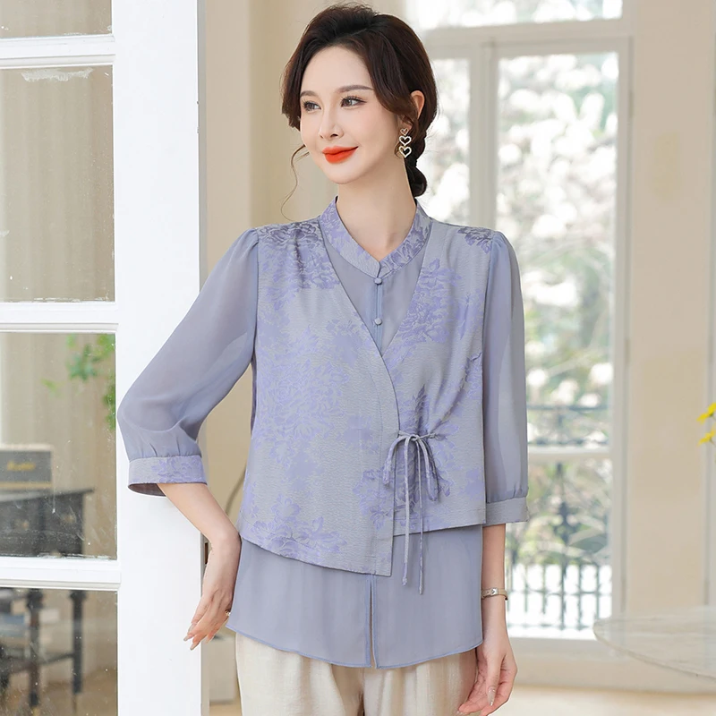 

New Chinese Sle Summer Outfit Set for Mom 2025 New Faion ly Women's Top And Bot Ensemble Polyester Fiber