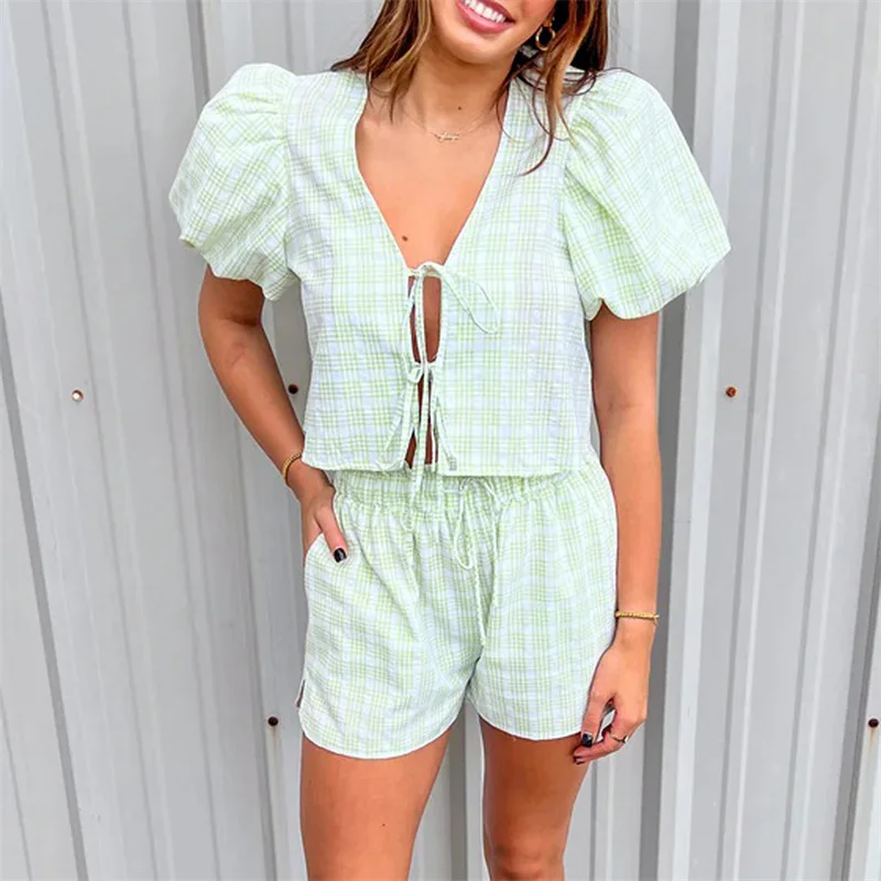 Y2k Plaid Print Peplum Shirt Shorts Set Two Piece Lounge Set Puff Sleeve Tie Front Top 2pcs Outfits Set Fashion Streetwear