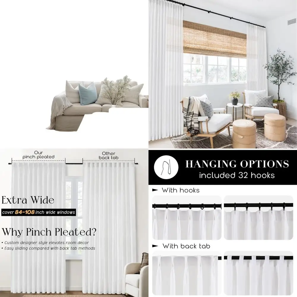 

Прозрачные льняные шторы с плиссировкой, белые, 96 дюймов в длину и 70 дюймов в ширину, комплект из 2 панелей для спальни и гостиной