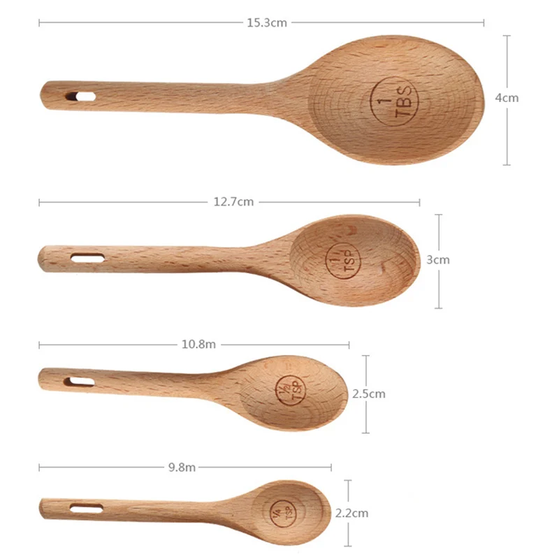 4 Pcs Beech Wood Spice Measuring Tool Spoons Coffee Salt Cooking  kitchen Tools kitchen Beech Wood Spice Coffee Salt