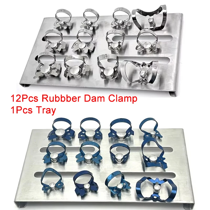 

12Pcs Dental Rubber Dam Clamps with Tray Stainless Steel Endodontic Clips for Dentist Restorative Barrier Holder Equipment