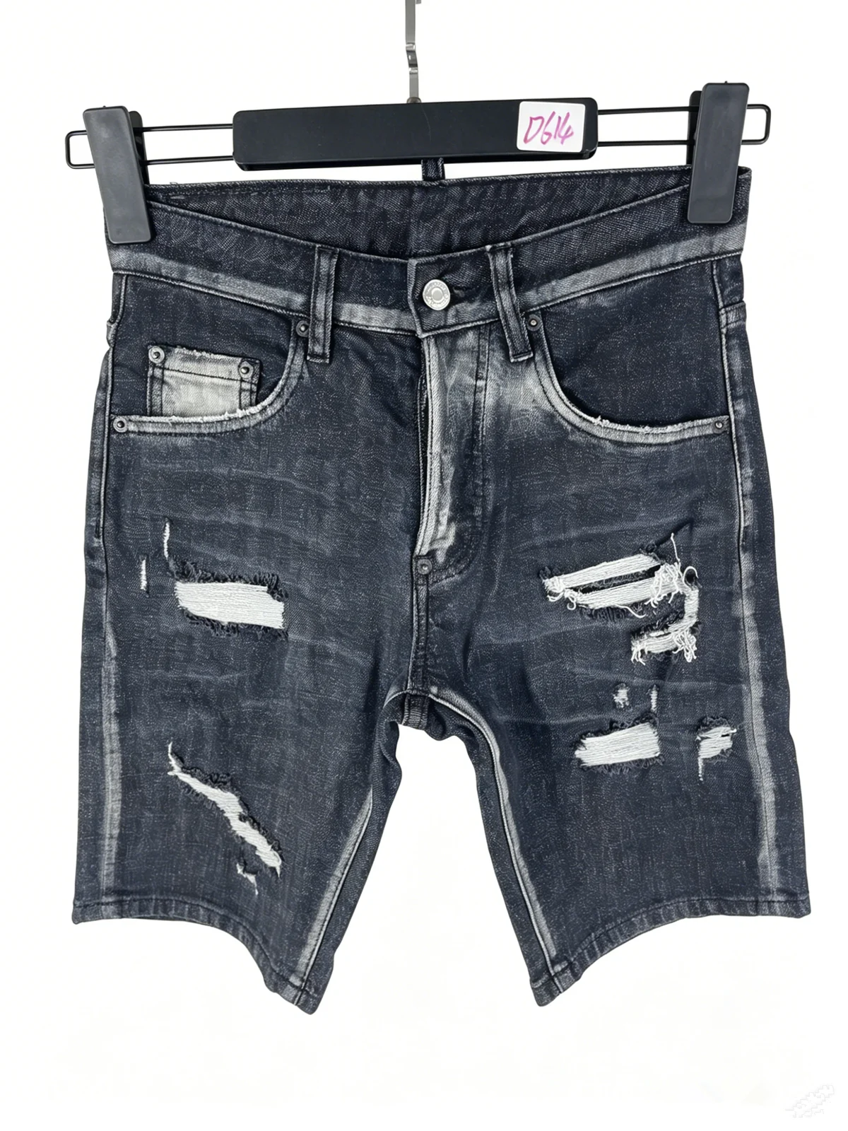 

D614 Summer New Men's Jeans Washed Ripped Patch Ink Slim-fit Feet Black Denim Shorts for Men