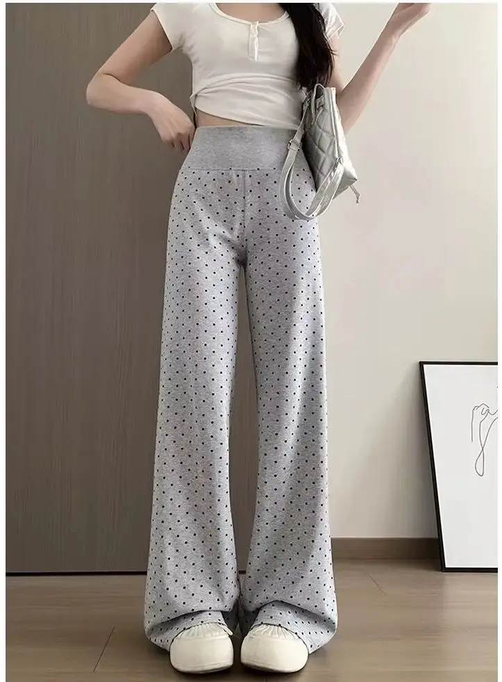 Polka dot wide-leg pants for women with high waist, draping effect, slimming, floor-length, casual, versatile, and suitable for