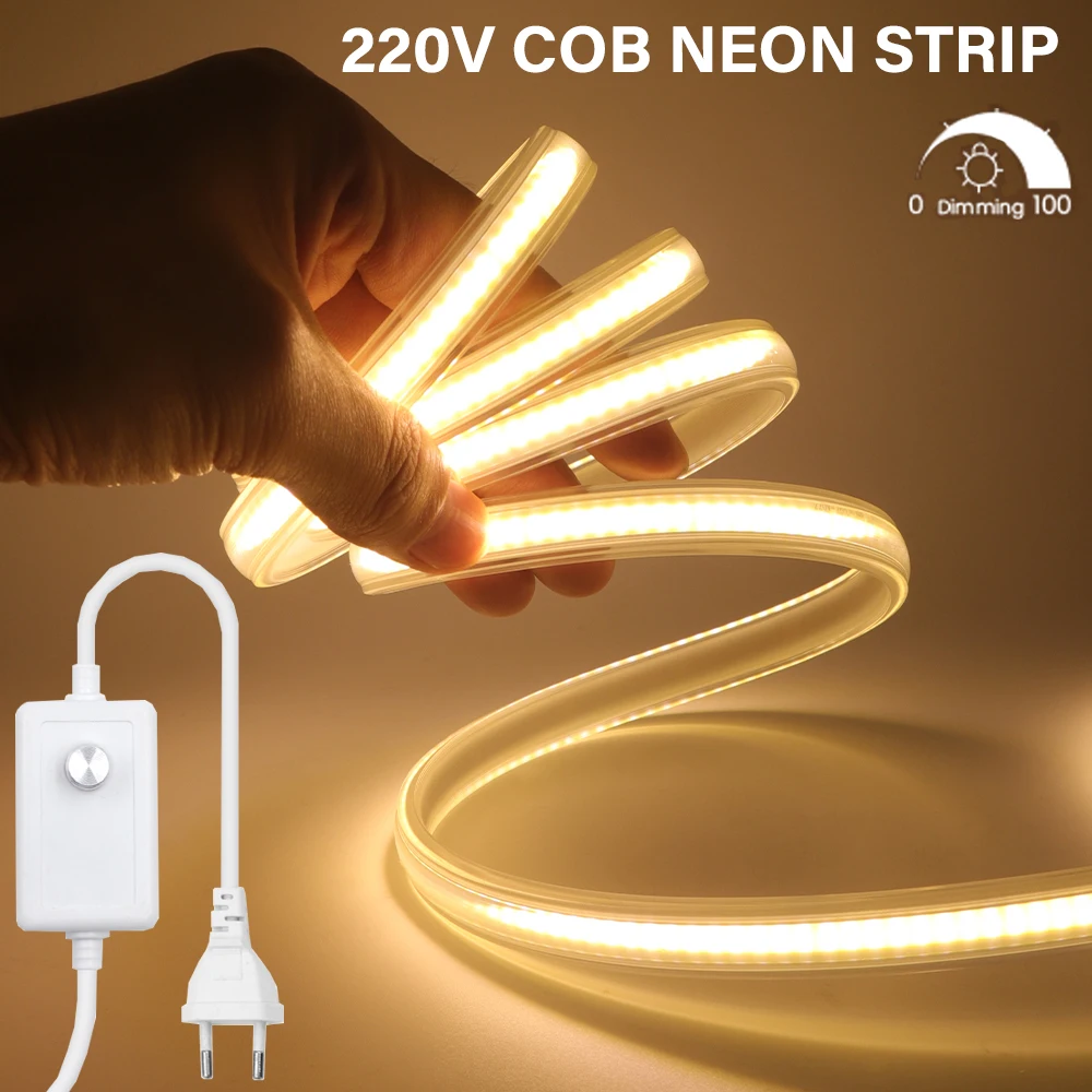 

10M 20M Dimmable COB Neon Led Strip Light 288LEDs/m Waterproof Led Ribbon COB Light For Room Outdoor With EU Plug Dimmer Switch