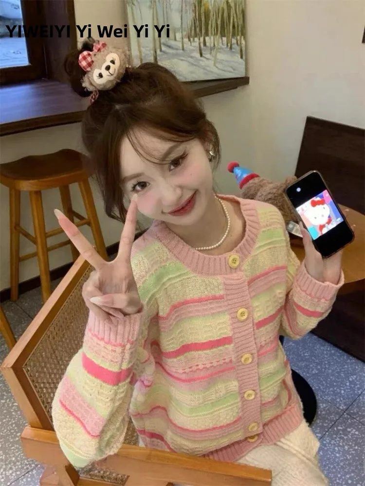 Rosa gestreifter Strickpullover Jaet Damen Frühherbst High-End Kleine weiche Lazy Open Cardigan Top Pendeln Slim Fit Long Sve