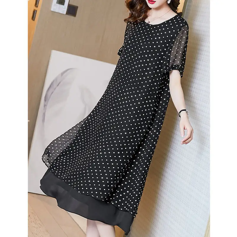 

2023 New Summer Simple Style Light Mature Style Round Neck Polka Dot French Loose Relaxed Short Sleeve Celebrity Foreigner Dress