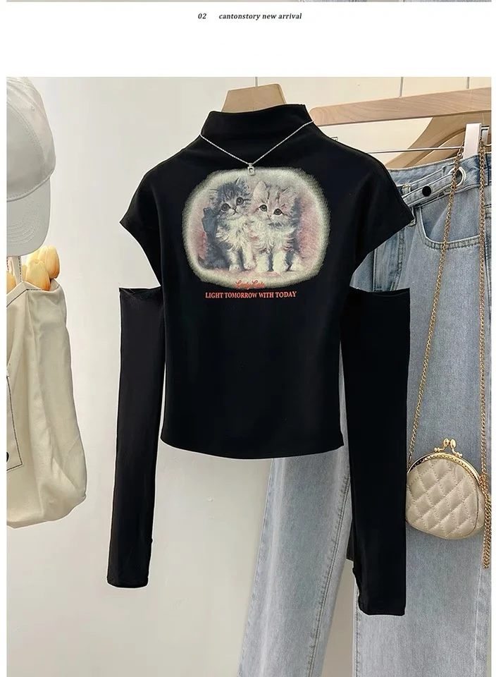 

Detachable Sleeve T-Shirt Women T Shirts Aesthetic Plaid Backless Loose Shape Music Event Western Trend Trans-Seasonal Comfort