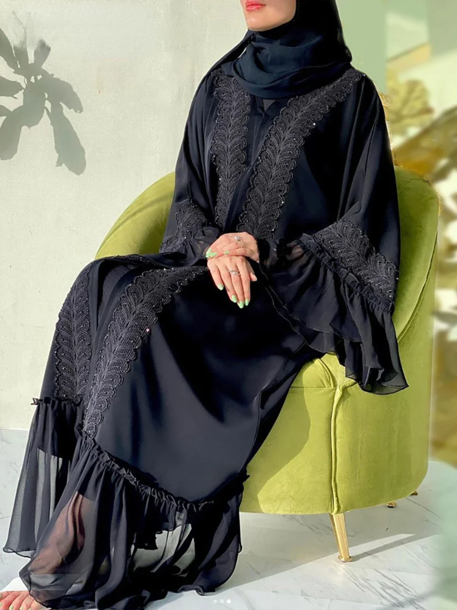 Eid Muslim Black Abaya for Women Djellaba Morocco Dress Dubai Embroidery Flare Sleeve Lace Abayas Dubai Islam Robe with Belt