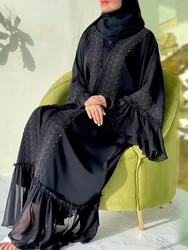 Eid Muslim Black Abaya for Women Djellaba Morocco Dress Dubai Embroidery Flare Sleeve Lace Abayas Dubai Islam Robe with Belt