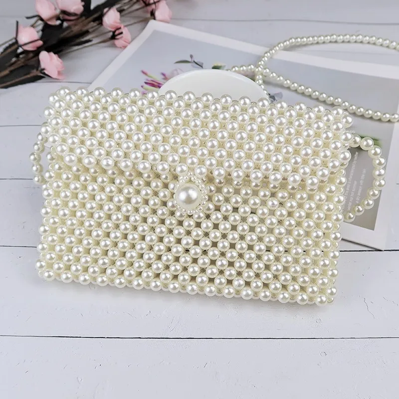 Fashion Pearl Woven Crossbody Bags for Women Small Wallet Handbags Luxury Ladies Phone Flap Shoulder Bag