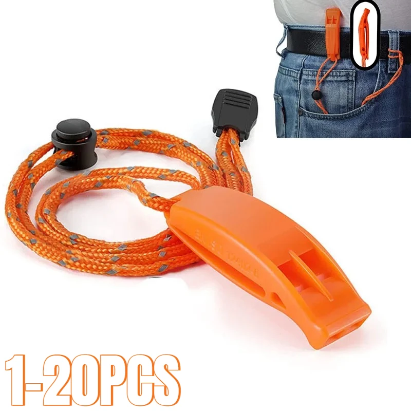1-20PCS Water Rescue Reflective Rope Whistle Dual Frequency Survival Emergency Whistle for Fishing Boat Outdoor Kayak Safety