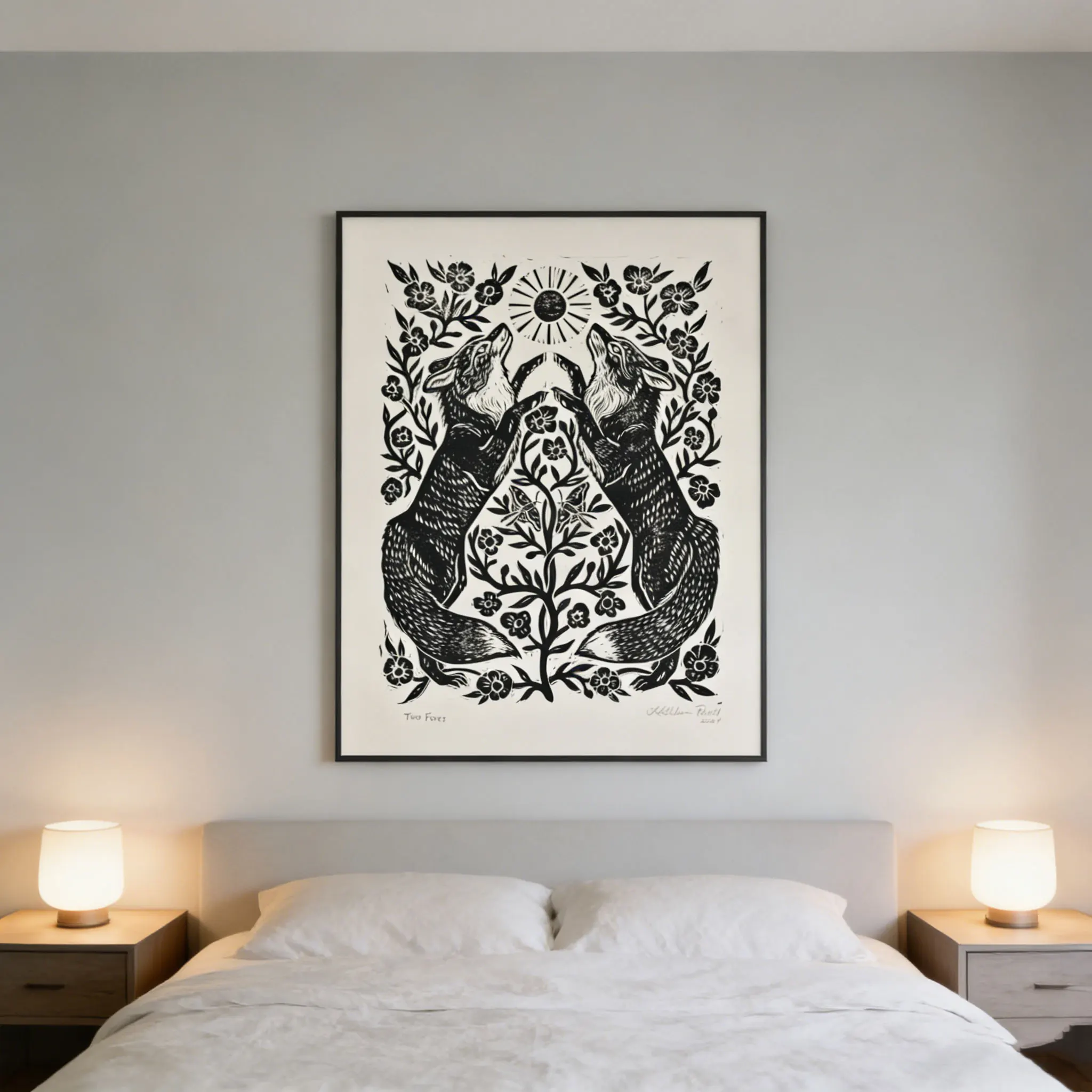 Verspielter Druck mit zwei Füchsen im Folk-Art-Stil – Wanddekoration im Schwarz-Weiß-Holzschnitt-Stil mit Blumen- und Sonnenmotiven, perfekt für rustikales Wohnen