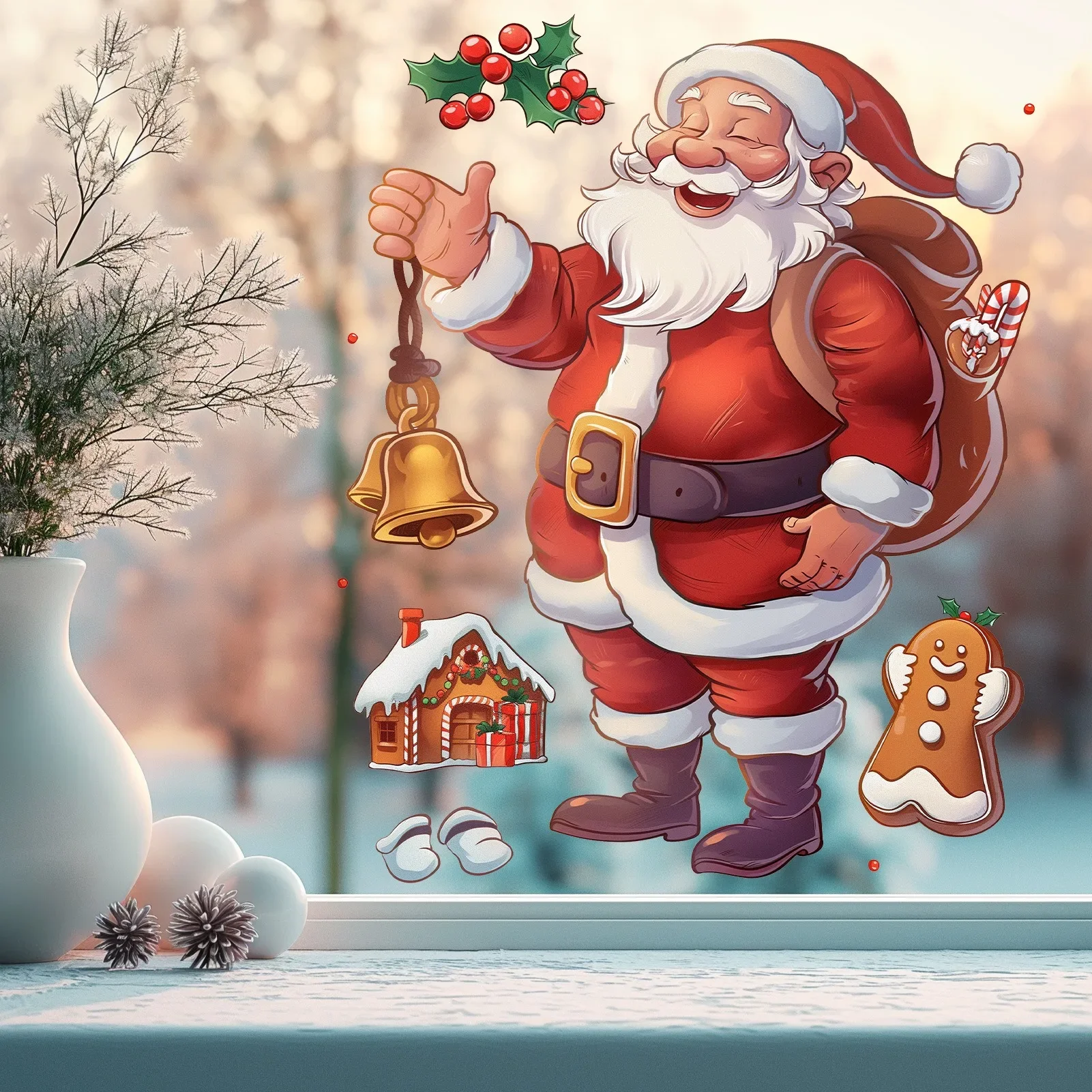 Christmas Cartoon Santa Claus Gingerbread Man Mirror Sticker Xmas Window Sticker Glass Wall Sticker Noel Happy New Year 2025