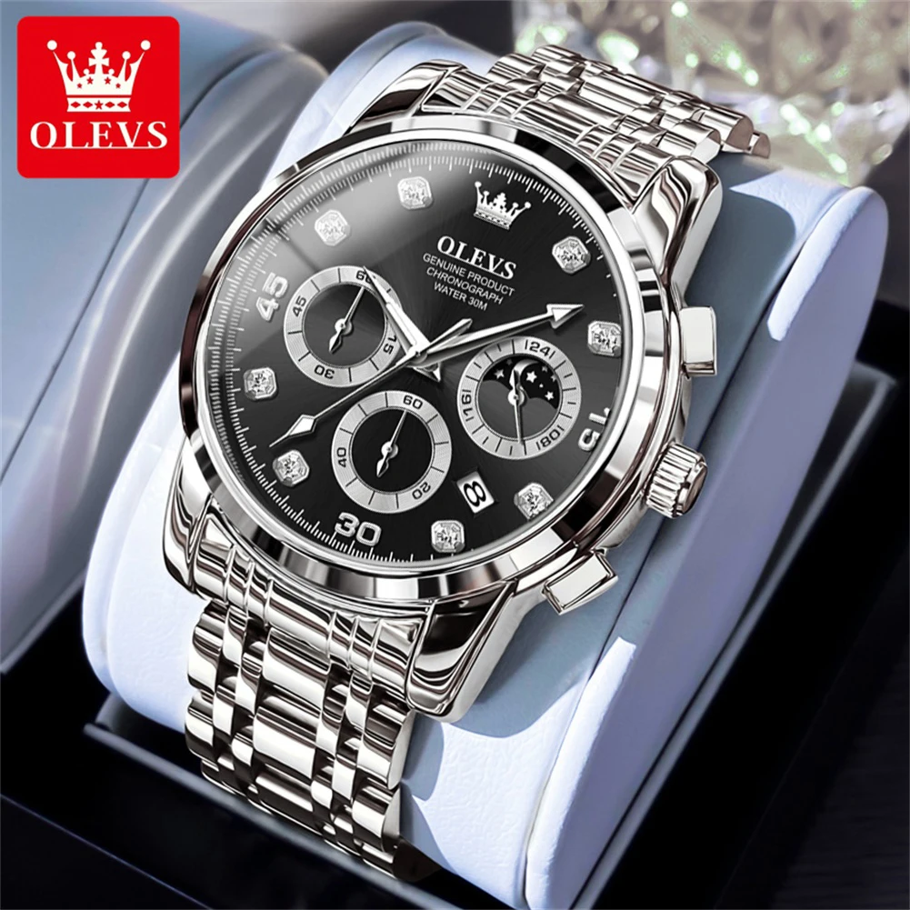 

OLEVS Men's Watches Casual Luxury Fine Steel Top Brand Original Quartz Wristwatch for Man Three Dial Chronograph Waterproof Date