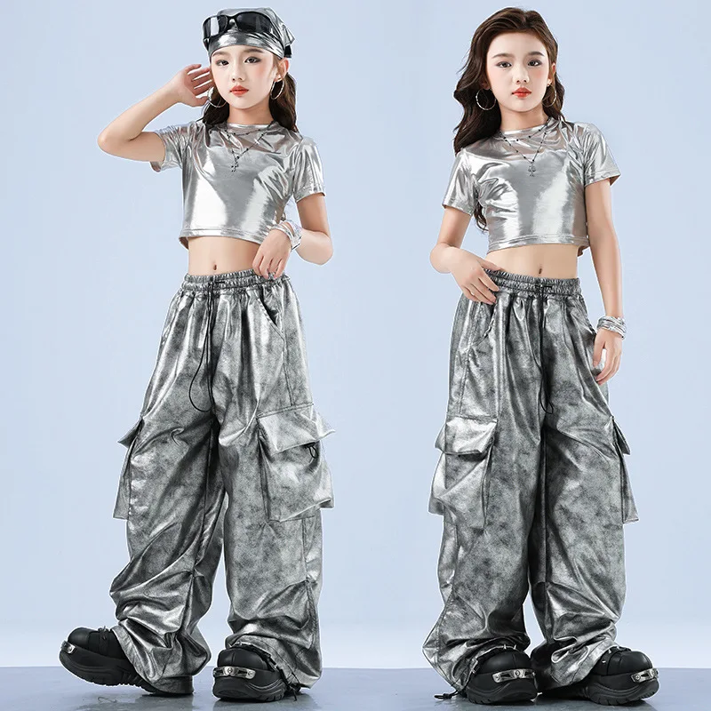 

Girls Tech Dance Costume Silver Jazz Hip Hop Outfit Toddler Performance Wear Rock Candy Stage Show Group Uniform Party