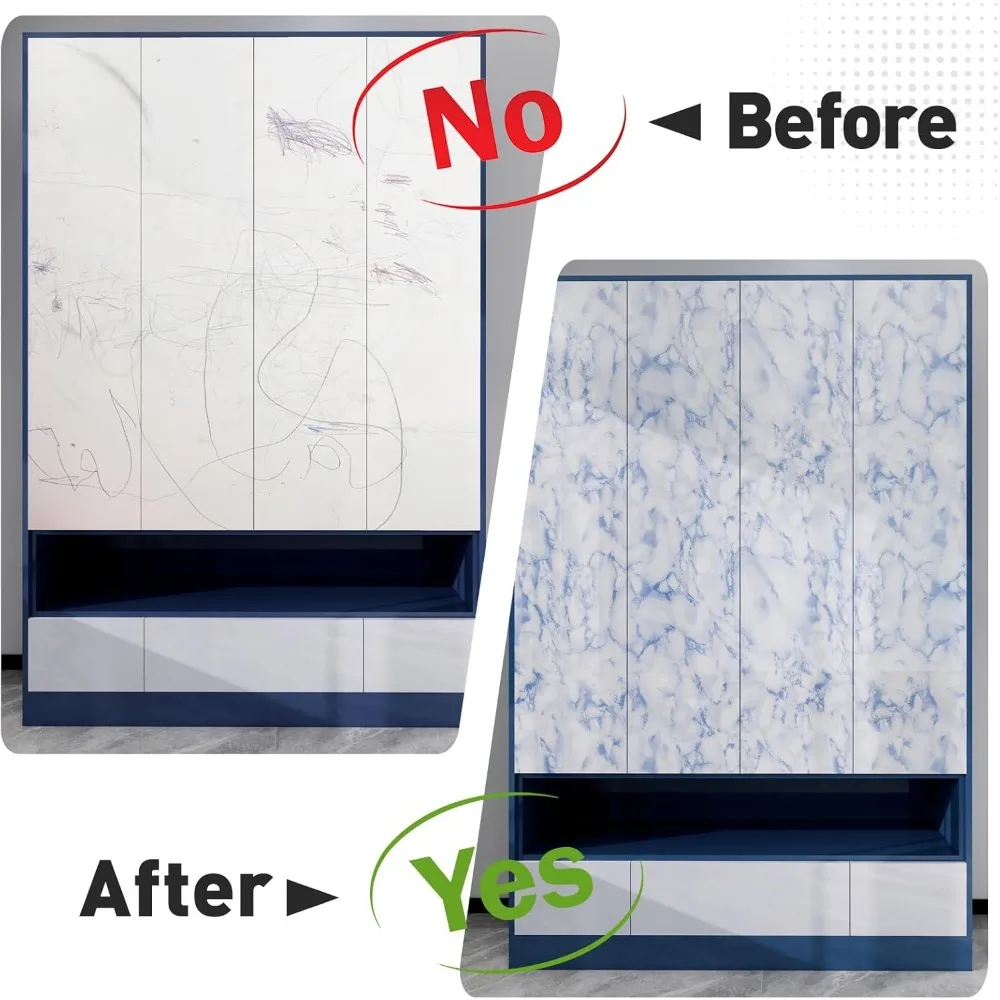 ورق جدران رخامي لامع مقاوم للماء وقابل للإزالة ذاتي اللصق لأسطح الكونترتوب والأثاث - تصميم قشر وعصا باللونين الأبيض والأزرق