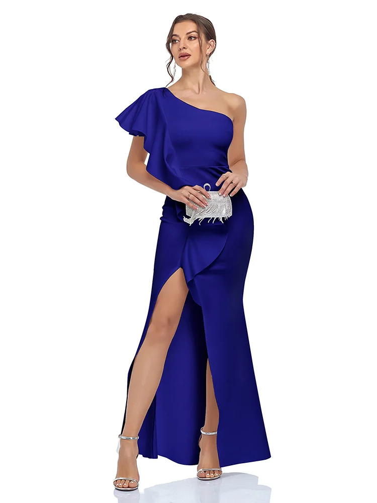 2023 Summer Dresses For Women Solid Ruffle Edge Asymmetric One Shoulder Evening Dress Vestidos De Mujer Elegant Maxi Robe Female