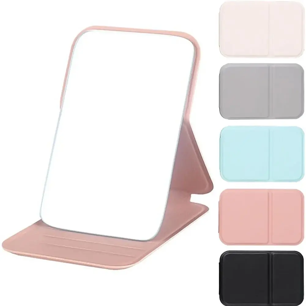 Desktop Makeup Mirror Solid Color PU Leather Simple Portable Handheld Makeup Mirror Foldable Student Compact Cute Pocket Mirror