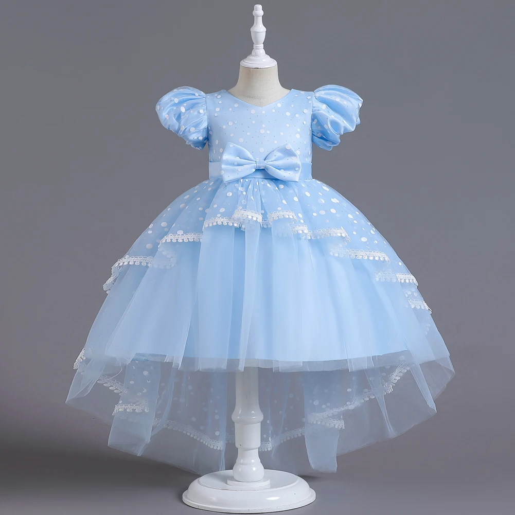 Blue Polka-Dot Kids Princess Dress For Girls Ages 3 to 8 Year Bubble Sleeve Party Dress Elegant Party Princess Train Kids Dress