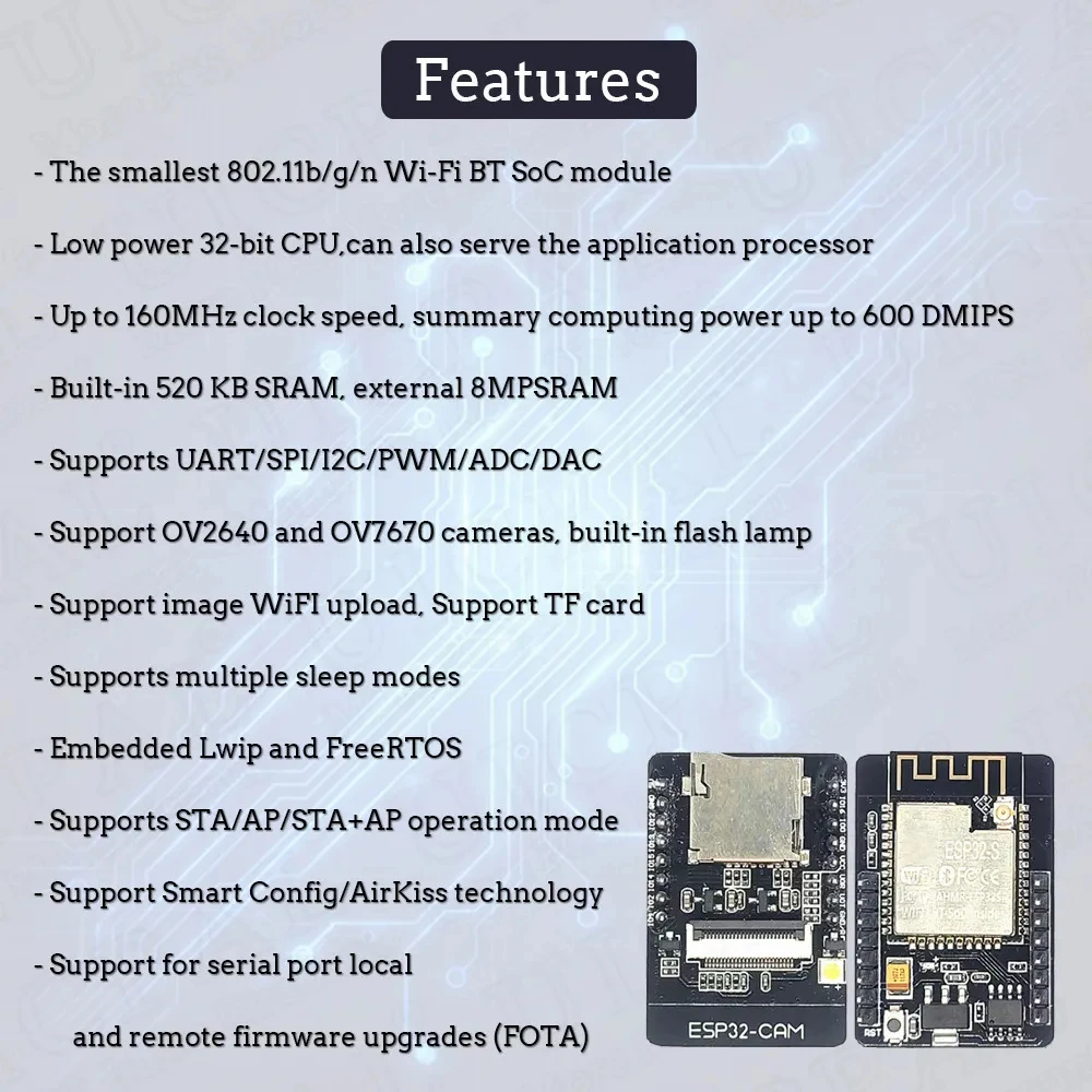 ESP32 CAM with OV2640 Camera Module Kit 8MB PSRAM 2.4G WIFI 3dbi Antenna 66 120 160 Degrees 650nm 850nm Night Vision 2MP 24Pin