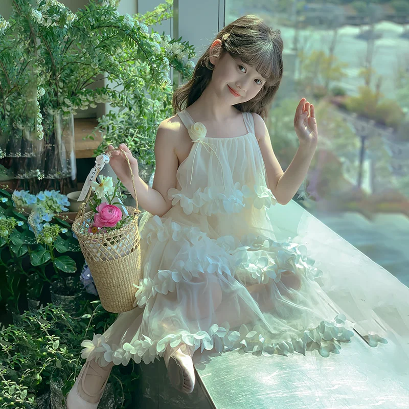2025 Summer Multi Layer Petal Strap Dress for Girls Sleeveless Princess Dress Children's Festival Secret Dance Skirt Cake Skirt