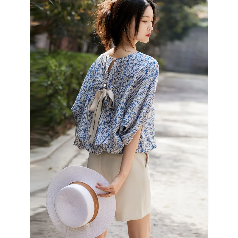 

Batwing sleeve Back Bow Shirt Top Women's Loose Bell Pullover Summer Cropped Sleeves round Neck