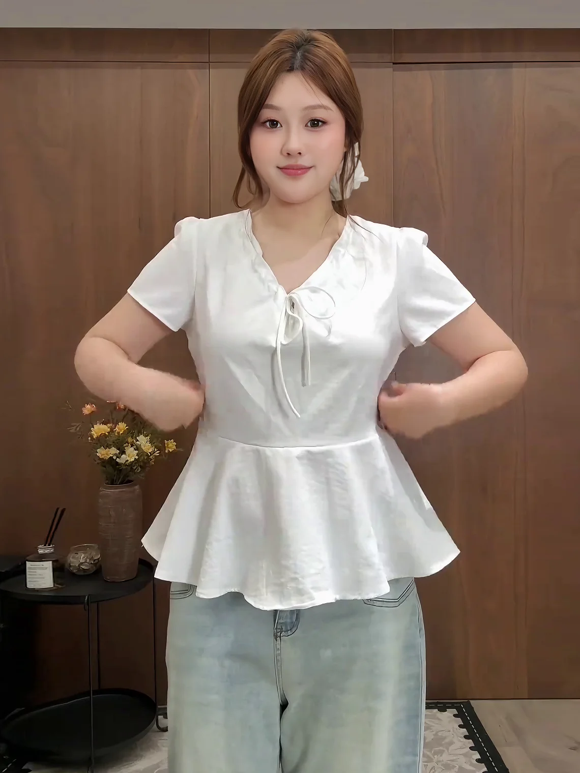 

plus Size Women's Gentle Style V-Neck Short Sleeve Shirt Summer Slimming Belly Covering Top Korean Commute Style Slim Fit