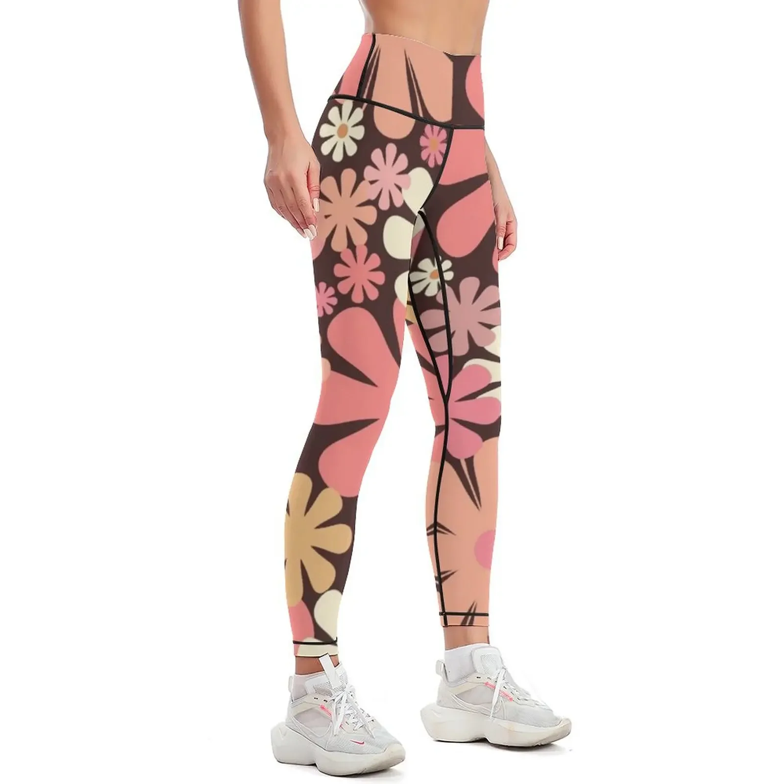 Vintage Aesthetic Retro Floral Pattern in Blush Pink and Brown 60s 70s Style Leggings legging gym Womens Leggings