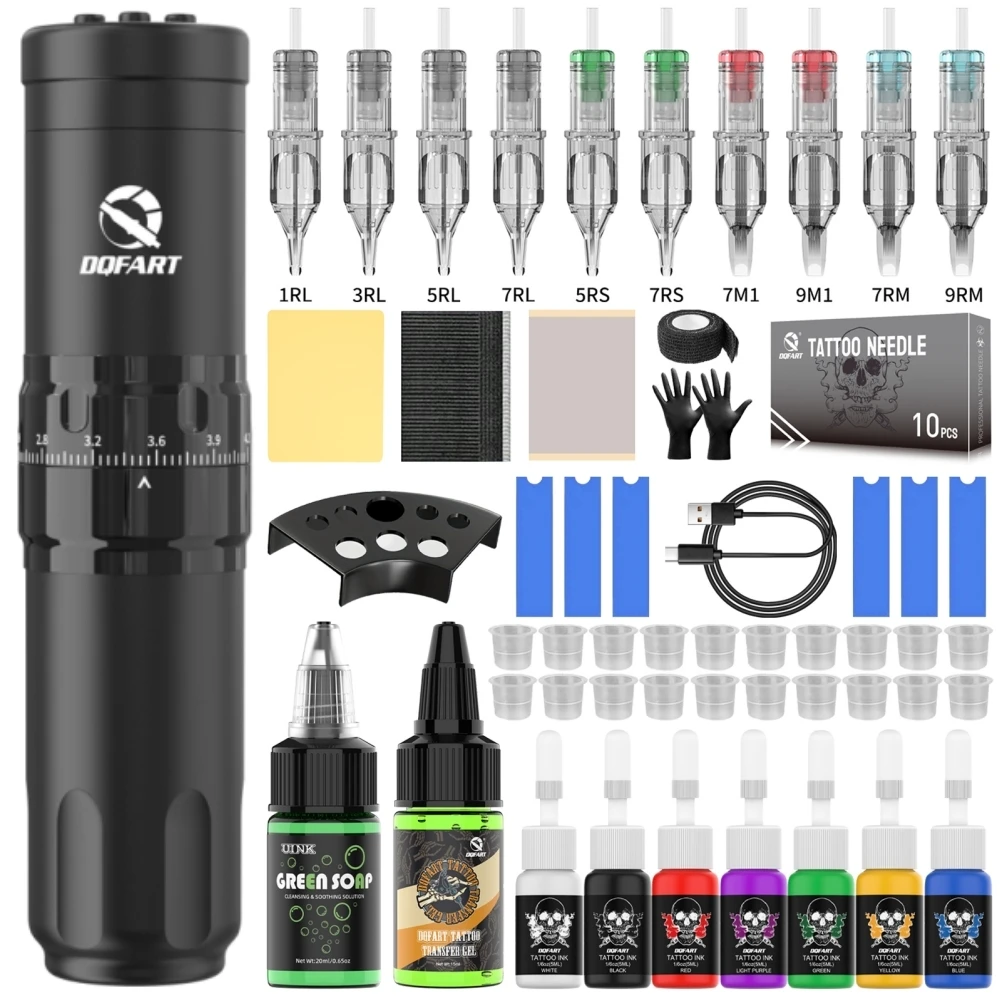 DQFART New In T1Pro Electric Wireless Tattoo Machine Set Green Soap Transfer Printing Gel Practice Skin Tattoo Needles Body Art