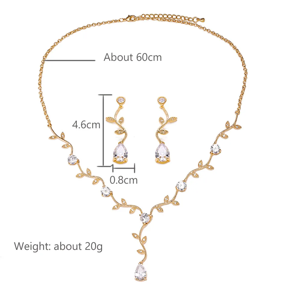 ZAKOL Classic Cubic Zirconia Crystal Bridal Jewelry Sets Elegant Leaf Shape Choker Water Drop Earrings Wedding Dress for Women