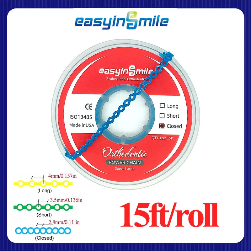 15Feet/Roll Dental Power Chain Orthodontic Super Elastic Ultra Power Chain Rubber Band Spool for Braces Close/short/long