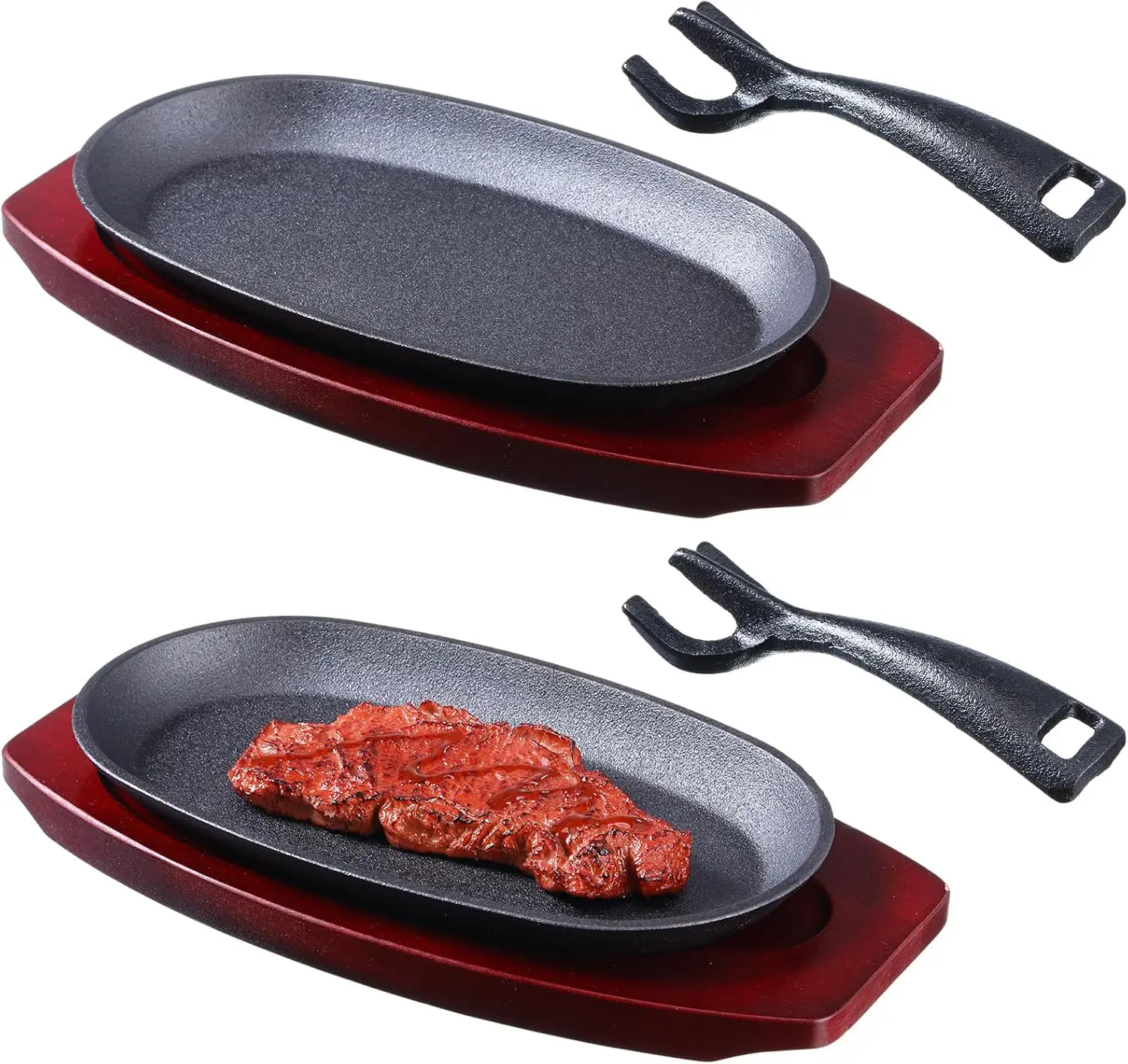 

2 Pieces Oval Cast Iron Fajita Skillet Pan Set Small Sizzling Steak Plate with Wooden Base and Handle