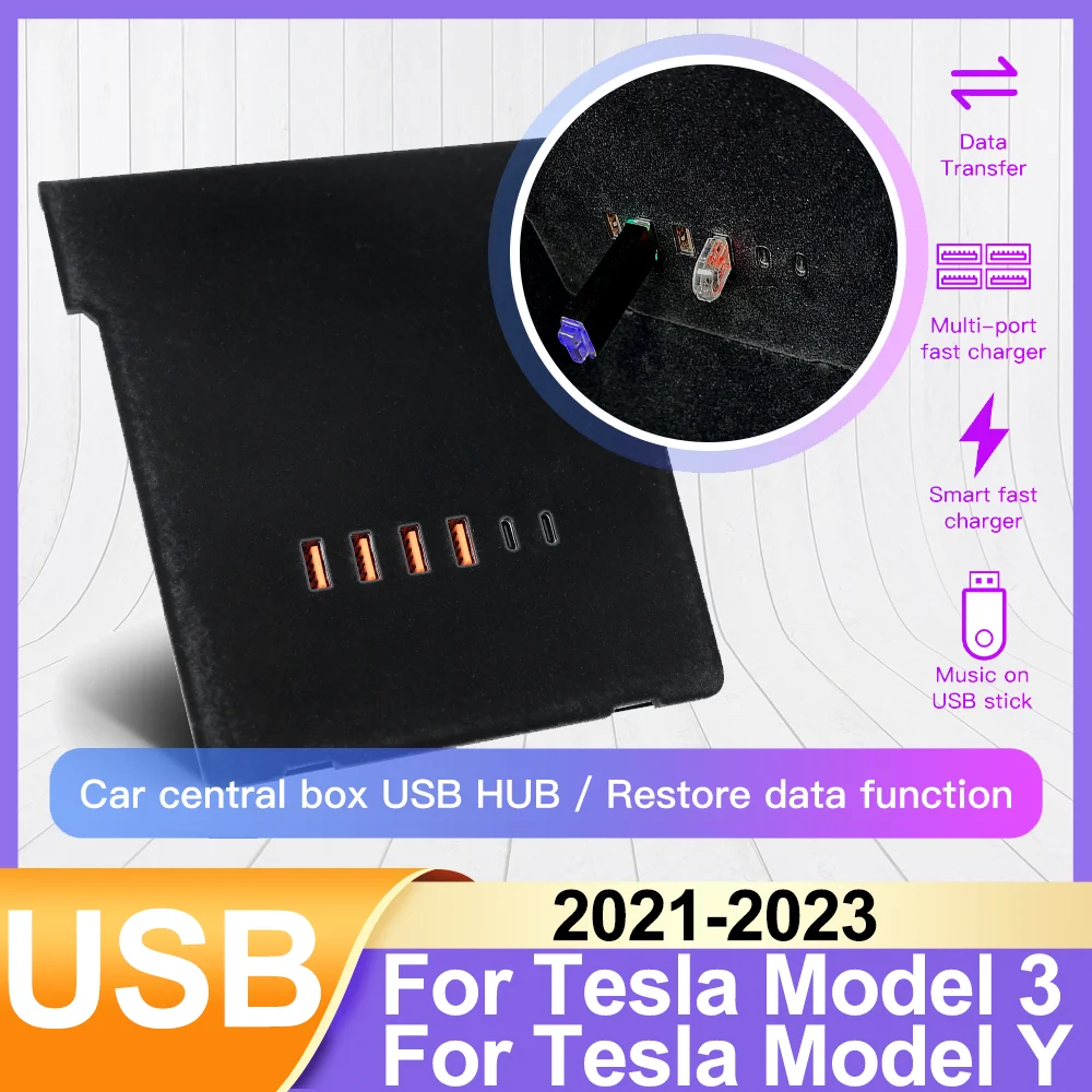 For Tesla Model 3 Model Y 2021-2023 Tesla Car Accessories Car Central box USB HUB Restore data function 65W 30W 4 USB+2 Type-C