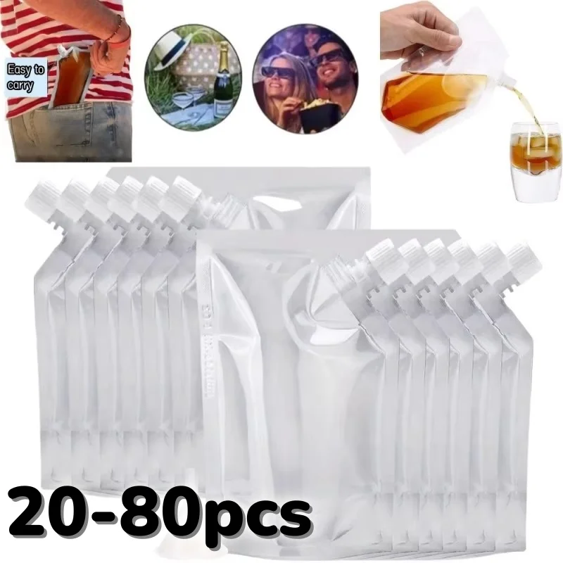 20/80pcs Clear Drink Pouches Freezable Juice Liquor Water Bag Portable Reusable Plastic Flask for Cold Drink BBQ Party Drinkware