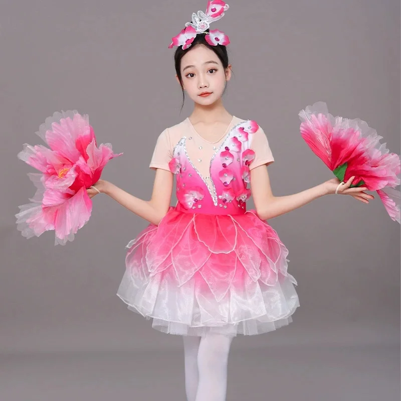 

Red Flower Dance Dress Girls Contemporary Freestyle Modern Dance Costume Girls Children Kids Stage Wear Festival Celebration