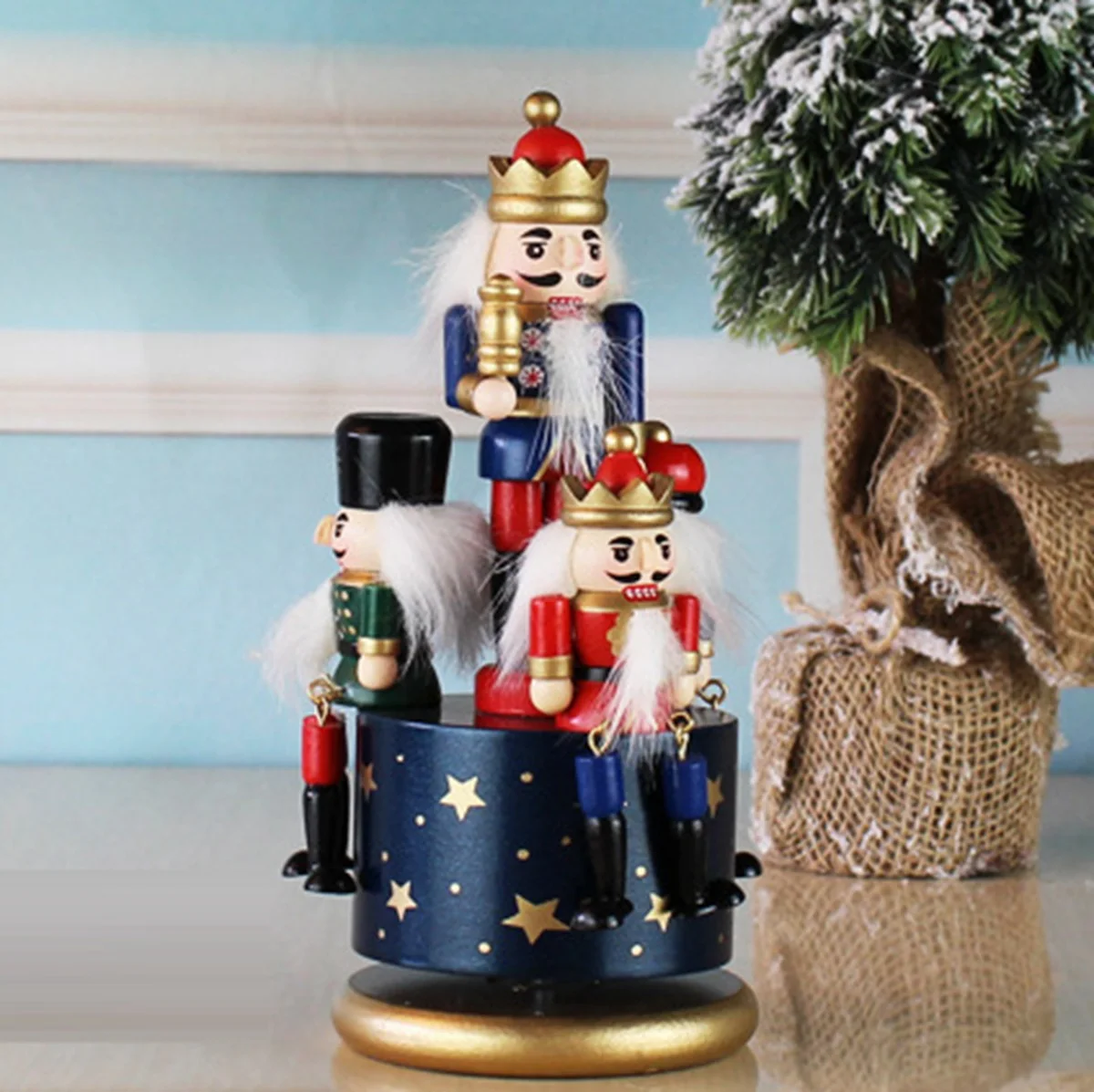 Christmas Nutcracker Kids Birthday Home Decoration Music Box DIY Wooden Nutcracker Toy Crafts,Blue