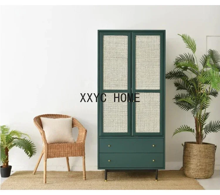 Nordic Rattan Solid Wood Drawer Storage Cabinet Double Door Wardrobe Light Luxury Storage Wardrobe