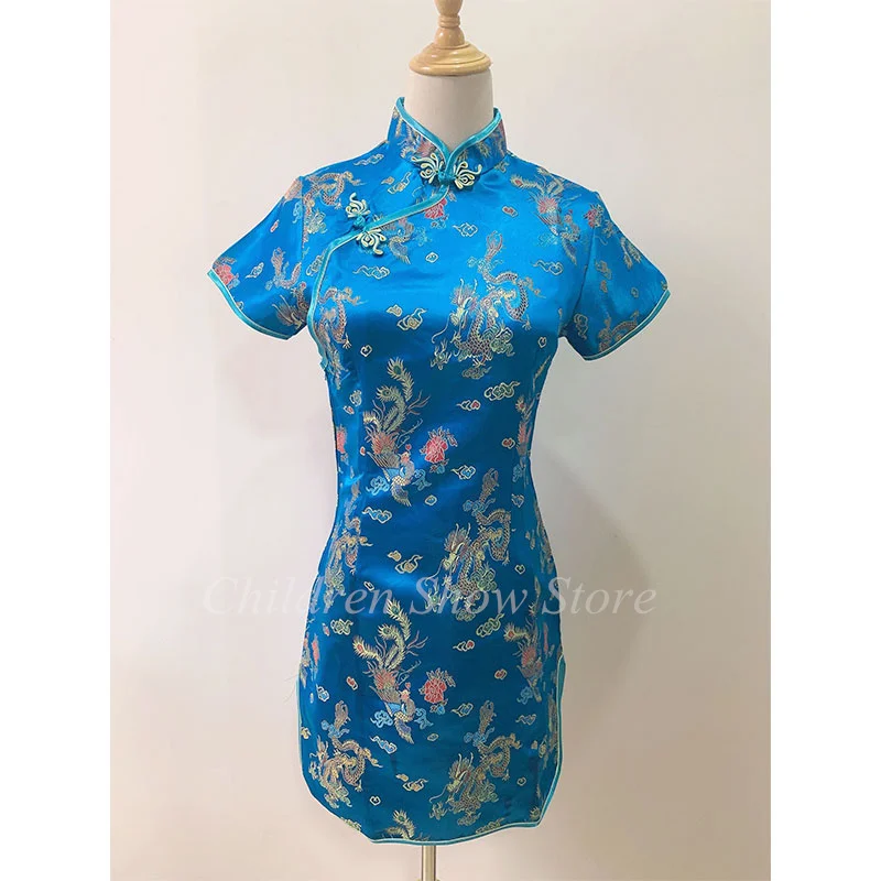 New Chinese Style Dress Mandarin Collar Cheongsams Embroider Dragon Phoenix Qipao Plus Size 3Xl 4Xl 5Xl Vestidos Satin Qipao