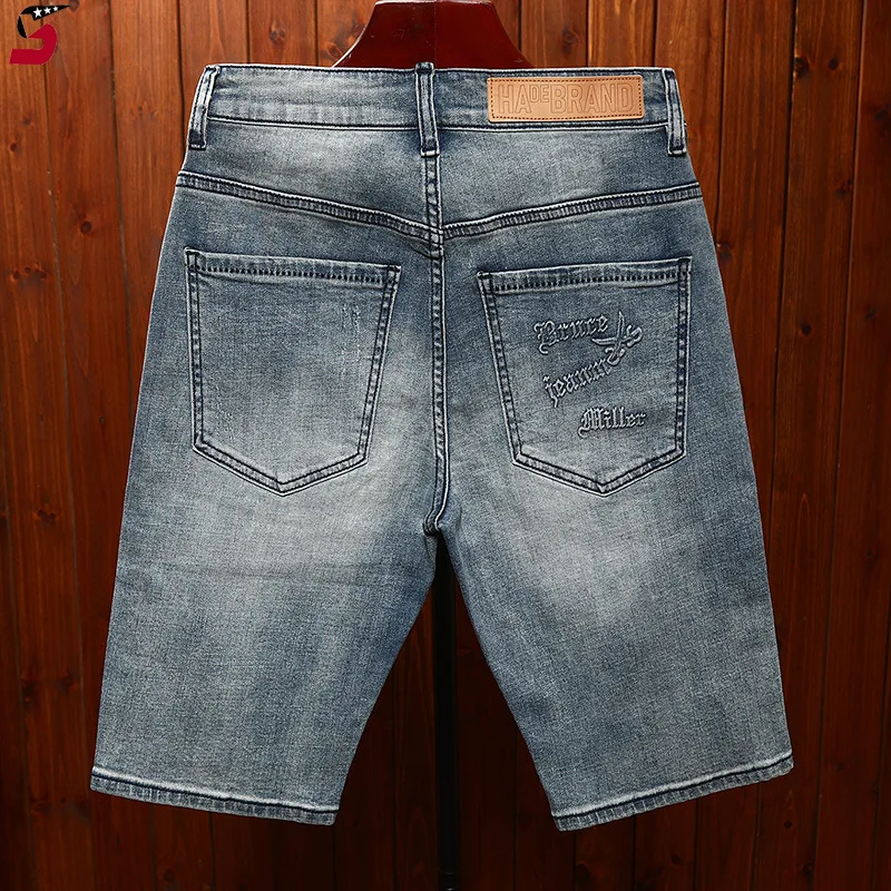 High-End-Jeans shorts für Männer 2024 Sommer mode Präge loch & Patch koreanische schlanke gerade elastische Capri hose