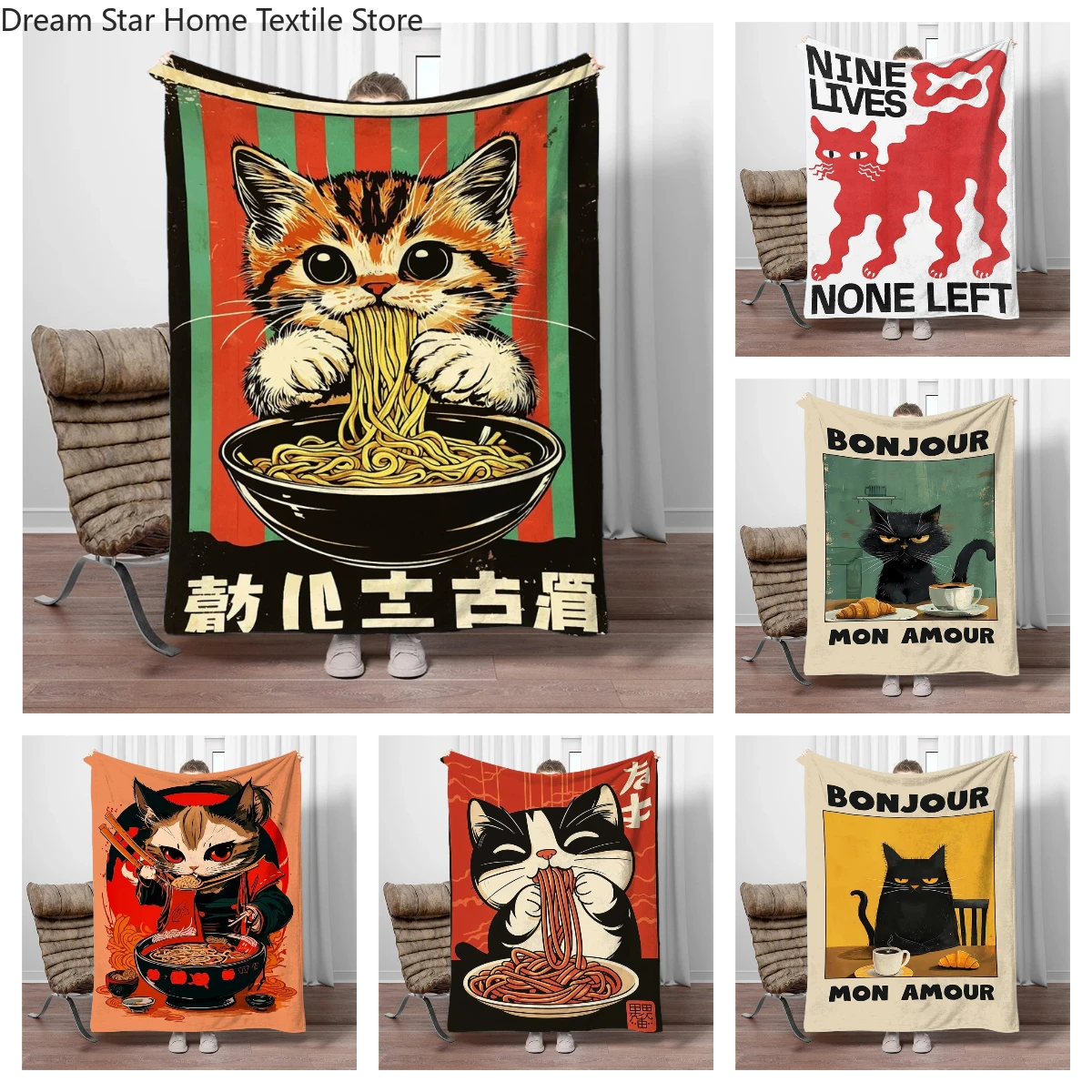 

Japanese Cat Eating Flannel Blanket Children Warm Soft Blankets for Sofa Bed Cover Blanket Suitable for Birthday Souvenir Gifts