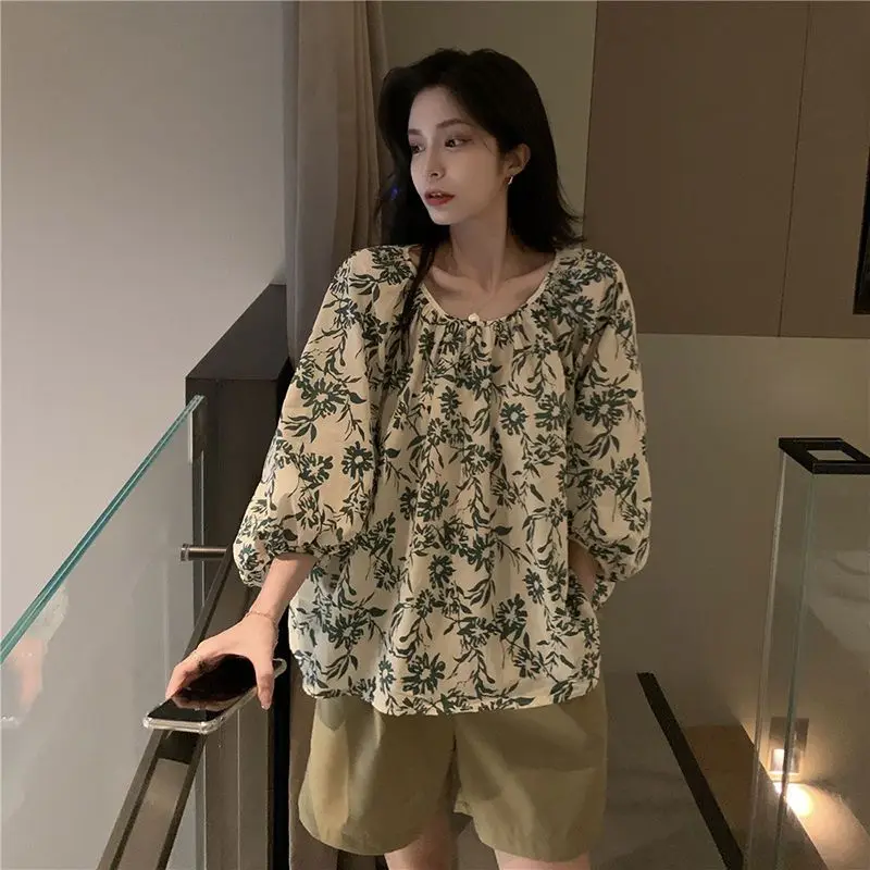 Loose Pullovers Printing Round Neck Casual Shirts Spring Summer Thin Puff Sleeve Women\'s Clothing 2022 Sweet Cute Tops Fashion