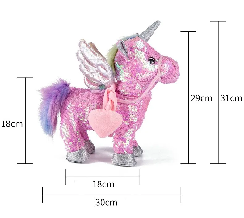 

Cute sequin unicorn with rope, Pegasus doll walking and singing, electric dragon horse plush toy for children